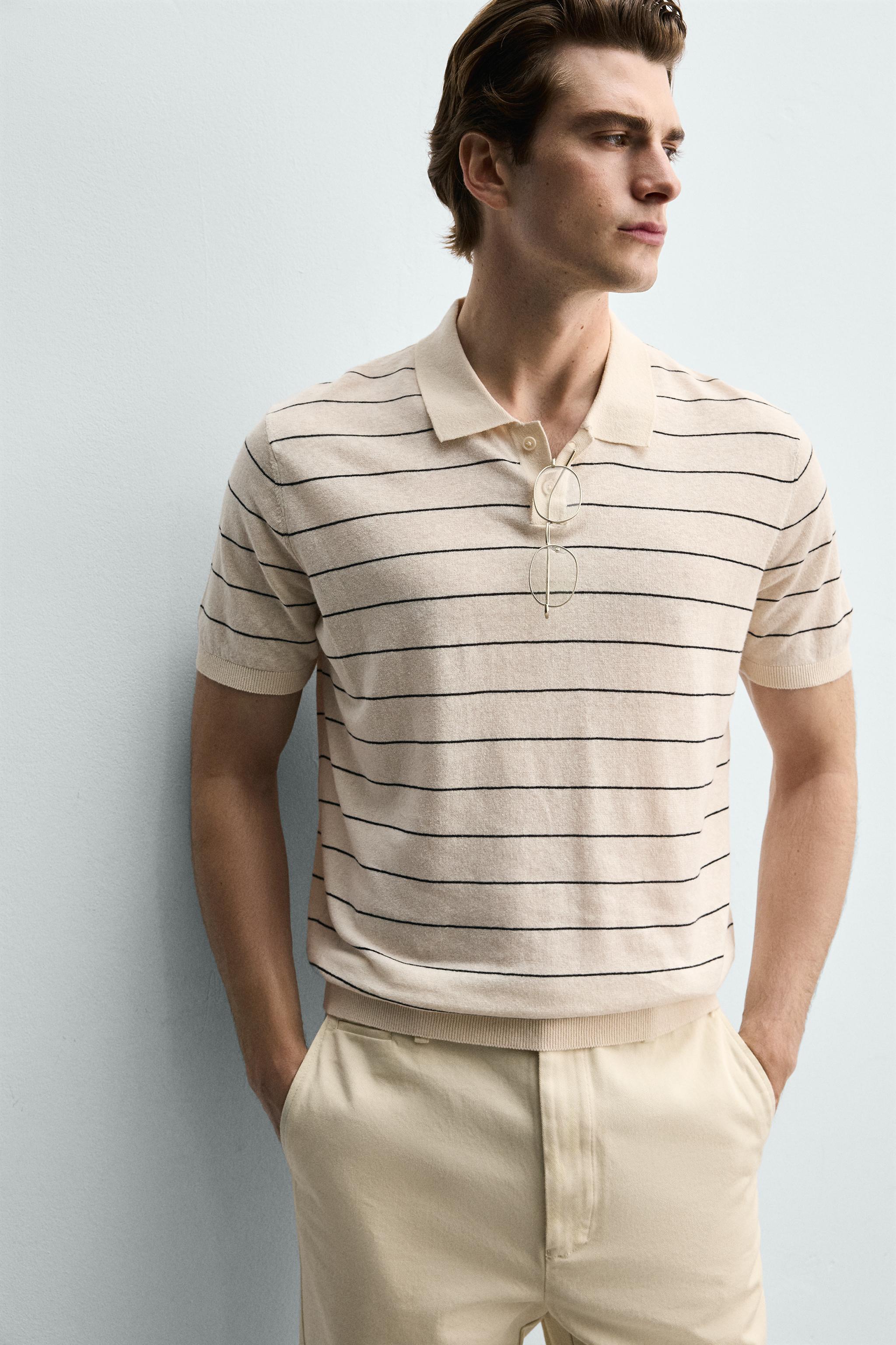 STRIPED LINEN-COTTON KNIT POLO SHIRT